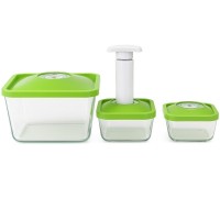 Kit de départ 3 boites sous vide en verre : 1 boite 0.5 L + 1 boite 1,5 L + 1 boite 3 L + la pompe manuelle.- Airblock