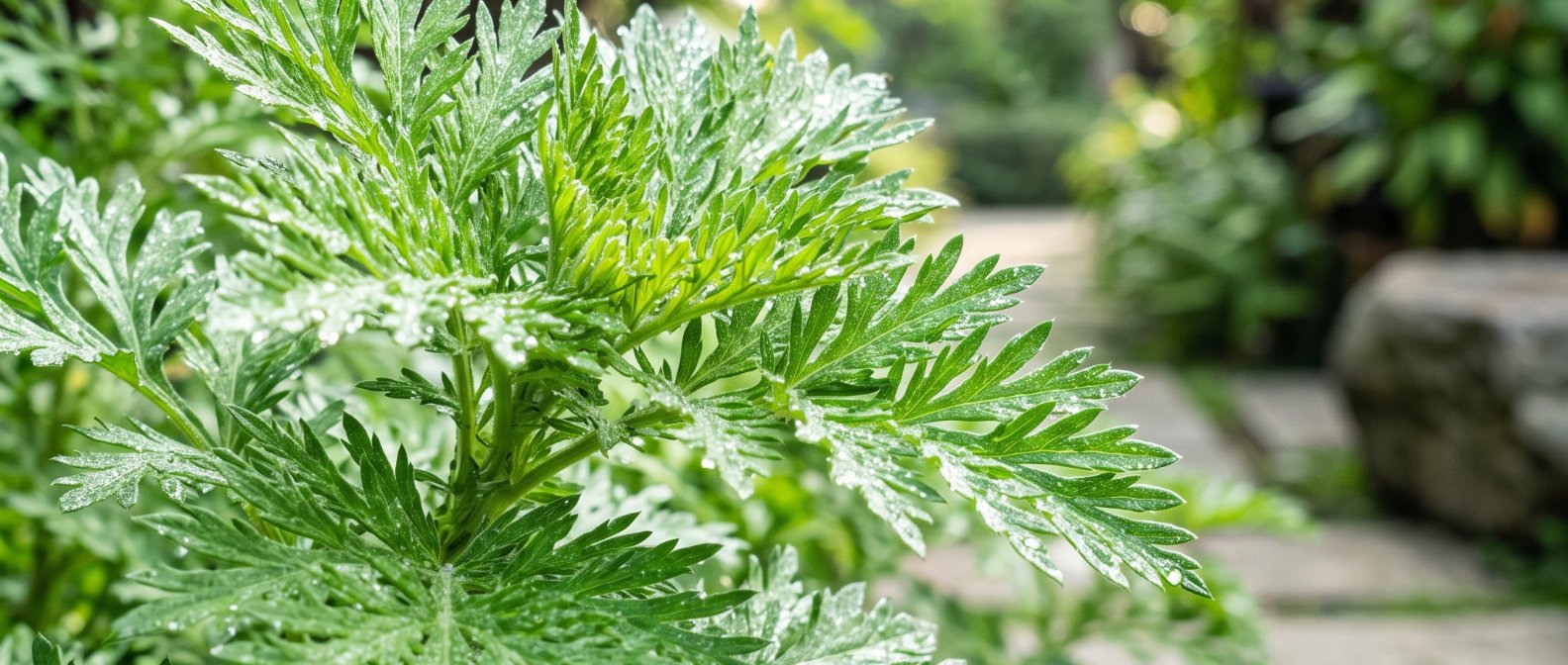 A close-up photograph of vibrant green feathery leaves of an Artemisia annua plant, detailed leaf texture with tiny dew droplets, soft natural sunlight in an Asian botanical garden background, photorealistic, no text no labels