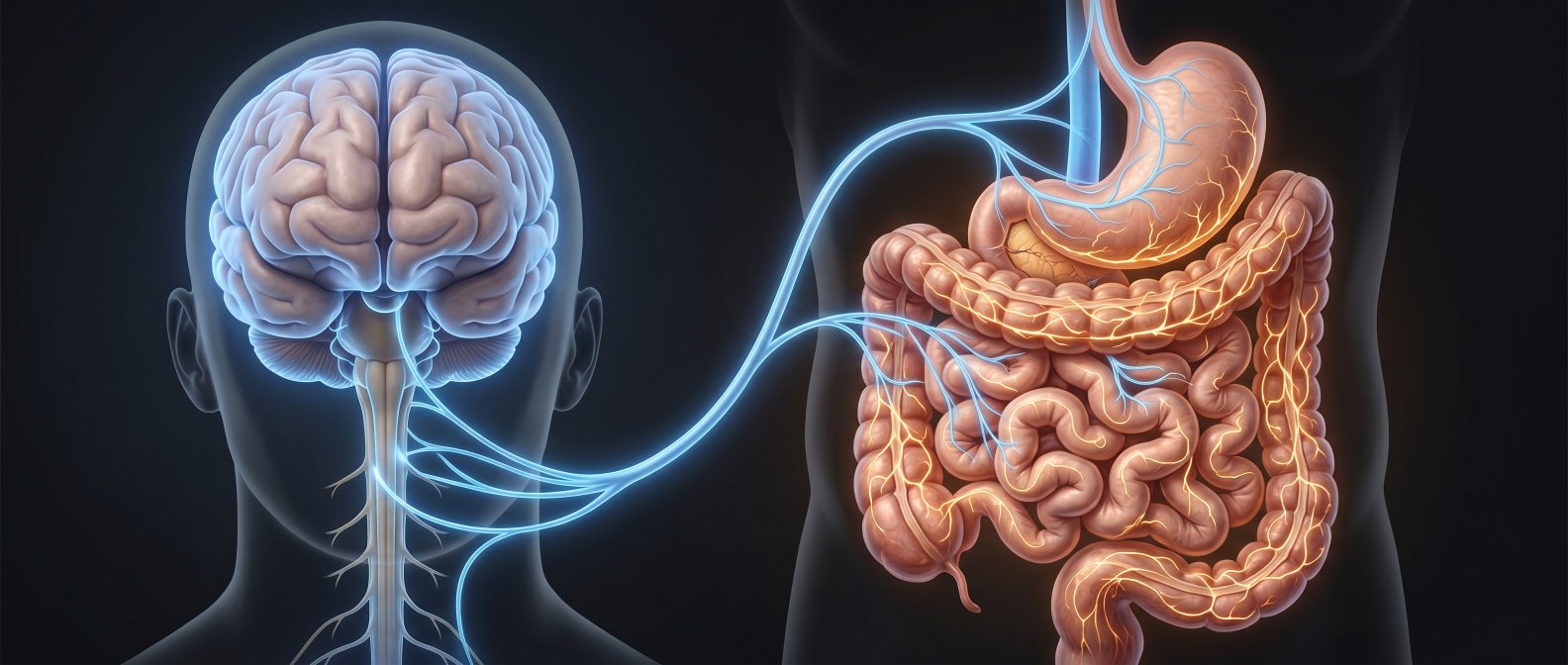 Axe intestin-cerveau, illustration des voies nerveuses reliant le cerveau au systeme digestif, lumiere bleue et ambre