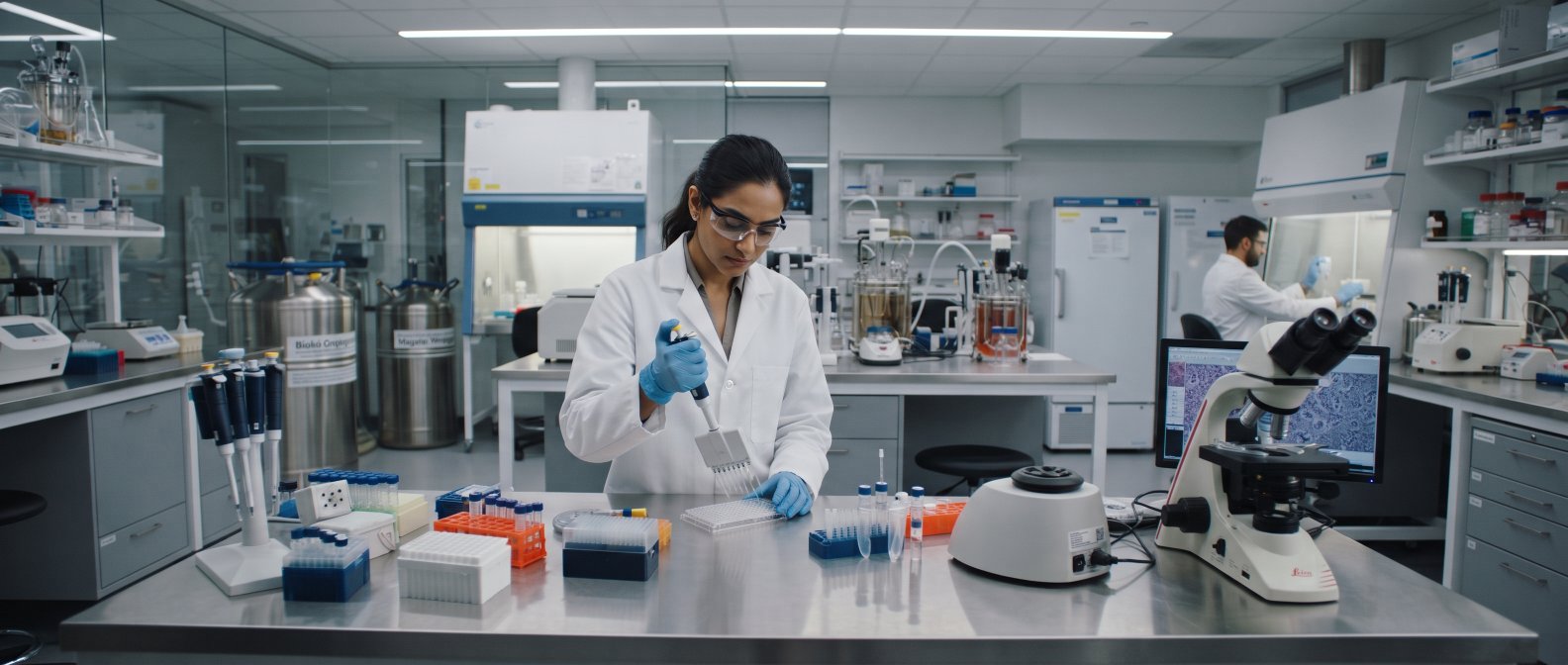 A sterile modern medical laboratory environment with high-tech research equipment stainless steel surfaces and a professional scientist working, photorealistic, no text no labels