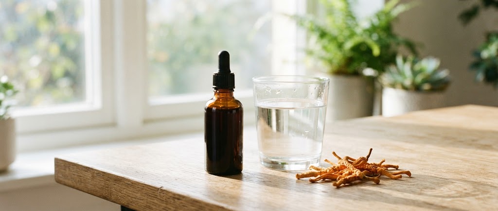 Extrait liquide de cordyceps Mycolife, un verre d'eau et des cordyceps seches sur une table en bois