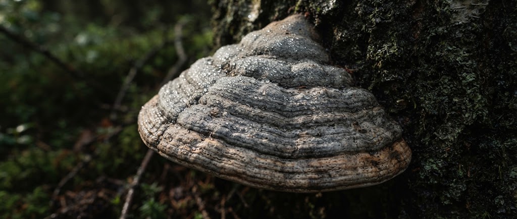 Gros plan macro sur les bourrelets concentriques gris de l'amadouvier (Fomes fomentarius)