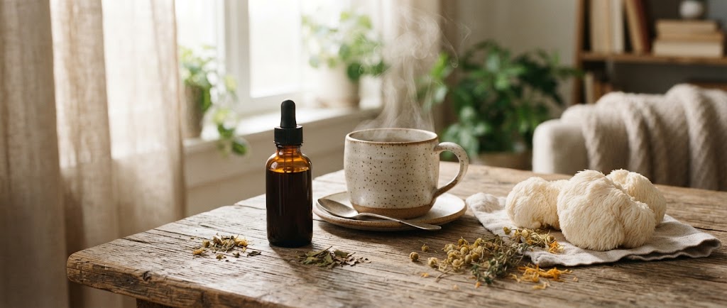 Extrait liquide d'hericium Mycolife et une tasse de tisane sur une table en bois