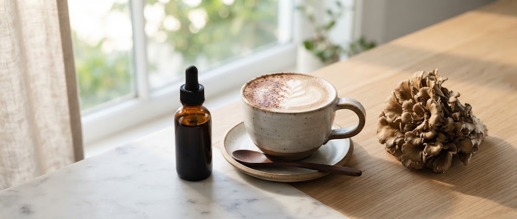 Extrait liquide de maitake Mycolife, un latte aux champignons et une fronde de maitake fraiche